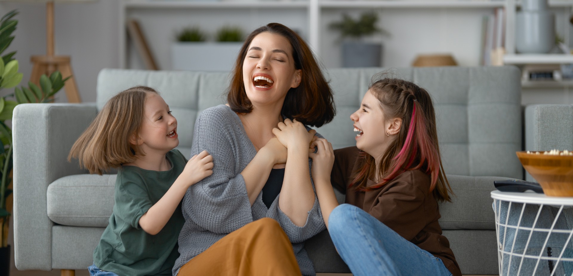 happy mother with two children